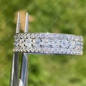 Full Eternity Wedding Band Three Row Wide Moissanite Wedding Band, Unique 3 Sided Pave Band, Thick Anniversary Band For Women