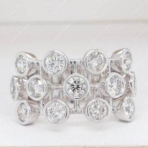 Bezel Set Moissanite Ring, Rub Over Set Scattered Ring, Unique Triple Row Ring, Bubble Style Wide Silver Ring, Antique Statement Ring Women