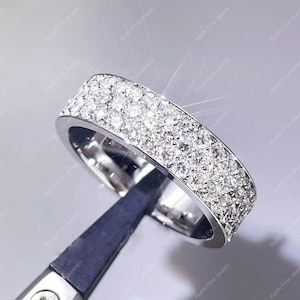 Mens Moissanite Engagement Ring, Micro Pave Set Moissanite Wedding Band, Full Eternity Band, Three Row 925 Silver Promise Ring For Him