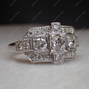 Edwardian Style Ring, Art Deco Vintage Milgrain Ring, Antique Silver Engagement Ring, 3 Stone Moissanite Ring, Promise Rings For Women