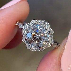 Vintage Inspired Ring, Art Deco Moissanite Halo Engagement Rings For Women, Unique Floral Promise Ring For Her, Special Wedding Ring Silver