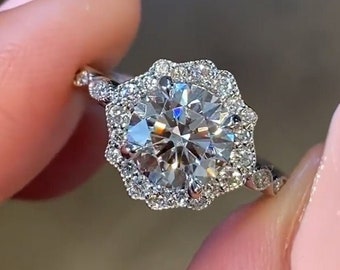 Vintage Inspired Ring, Art Deco Moissanite Halo Engagement Rings For Women, Unique Floral Promise Ring For Her, Special Wedding Ring Silver