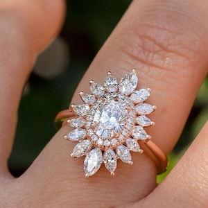 Ballerina Engagement Ring, Starburst Ring, Double Halo Oval Ring, Gatsby Silver Rings For Women, Art Deco Vintage Ring, Unique Wedding Ring