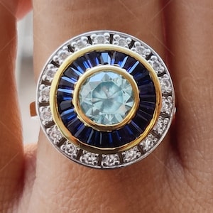 Estate Jewelry Rings For Women, Vintage Engagement Ring, Art Deco Aquamarine Ring, Double Halo Oval Ring, CZ Diamond Ring, Two Tone Silver