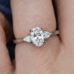 Three Stone Lab Grown Diamond Engagement Ring, Oval And Trillion Cut 3 Stone Ring For Women, IGI Certified Lab Diamond Promise Ring
