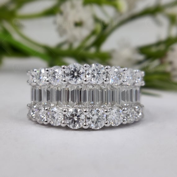 Baguette and Round Moissanite Wide Wedding Band, Channel Set