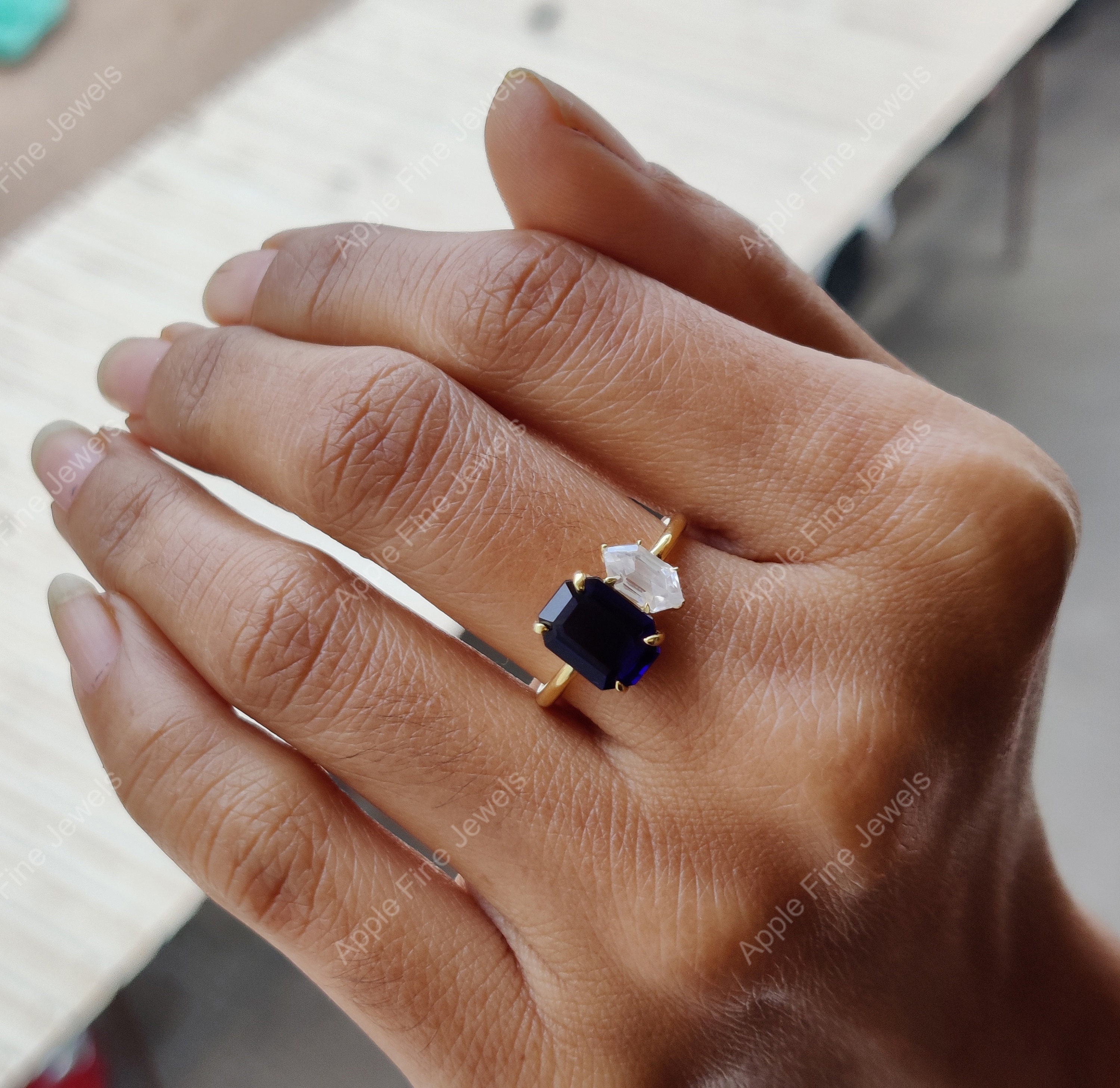Bague Toi Et Moi Bague Saphir meraude et Diamant Bague de