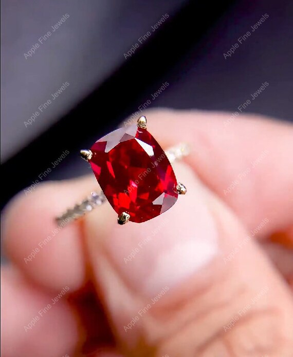 Red Ruby Ring Cushion Cut Ruby Ring Solitaire Engagement Ring July Birthstone Ring Dainty Statement Rings for Women Lab Diamond Ring Etsy