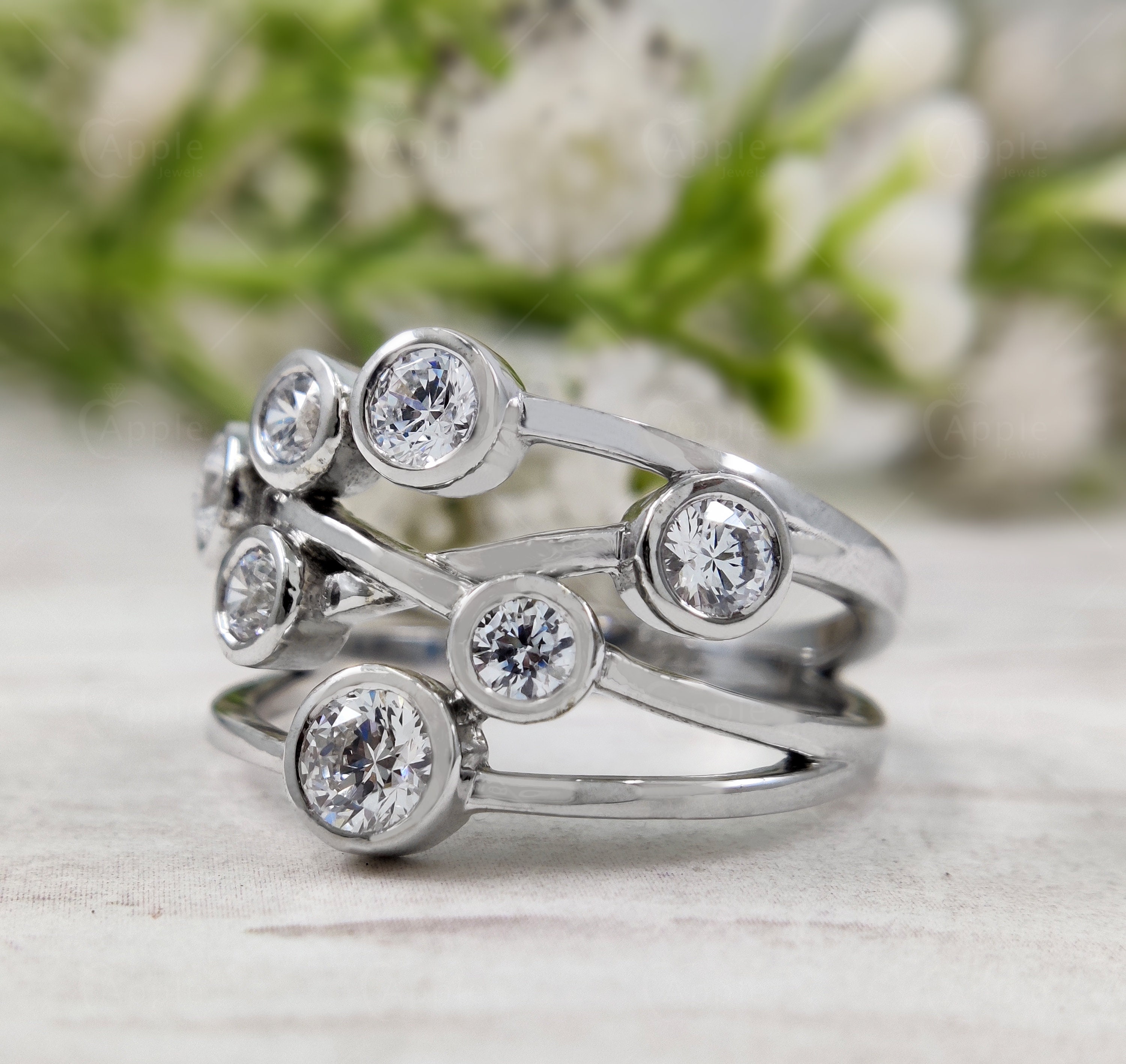 Crossover Bezel Set Ring, Moissanite Scatter Ring, Multi Stone Bubble ...