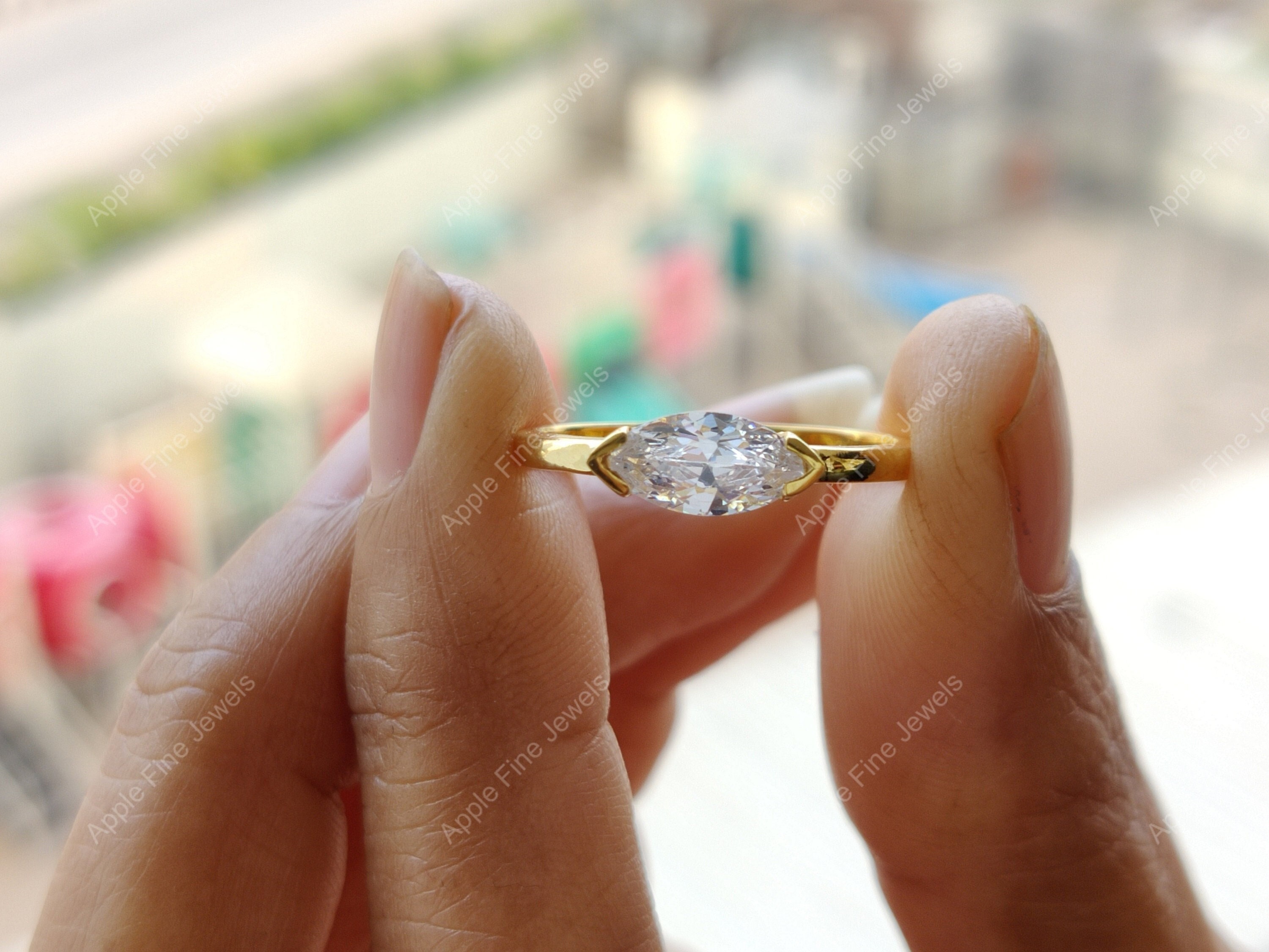 Marquise Engagement Ring, Marquise Moissanite Ring, Promise Ring, Silver East West Marquise Rings For Women, Anniversary Gift