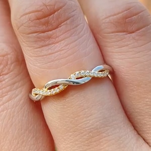 Twisted Wedding Band Women, Two Tone Wedding Band, Moissanite Half Eternity Band, Unique Stacking Rings, Silver Promise Ring, Matching Ring