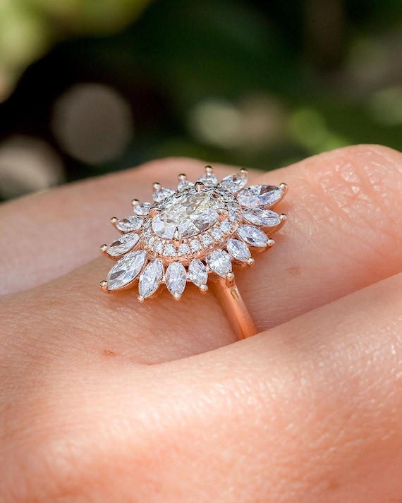 Ballerina Engagement Ring Starburst Ring Double Halo Oval Ring