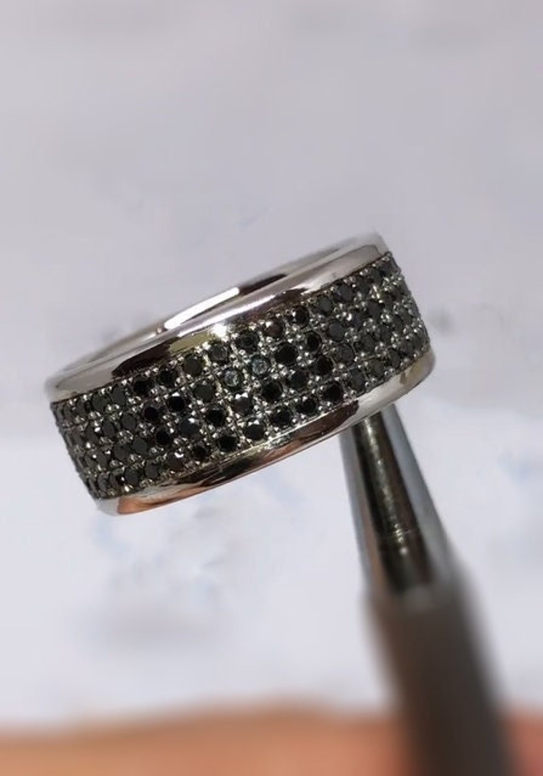Black Moissanite Engagement Ring, Black Stone Men Ring, Micro Pave Set