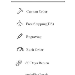 May include: A list of services offered by AppleFineJewels, including custom orders, free shipping within the US, engraving, rush orders, and a 30-day return policy.