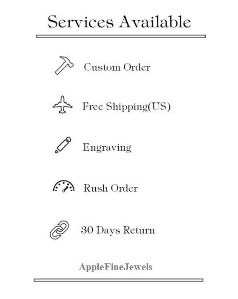 May include: A list of services offered by AppleFineJewels, including custom orders, free shipping within the US, engraving, rush orders, and a 30-day return policy.
