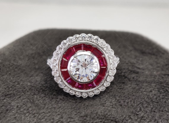 Ruby Estate Jewelry Rings Vintage Engagement Ring for Women 925 Silver Gold Art Deco Ring Double Halo Bezel Set Ring Ruby Target Ring Etsy Canada