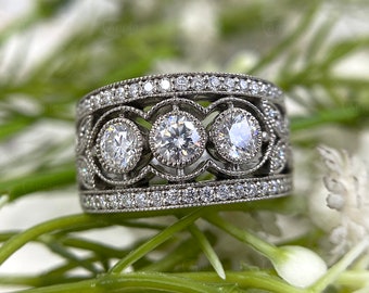 Art Deco Vintage Wedding Bands for Women, Milgrain Wide