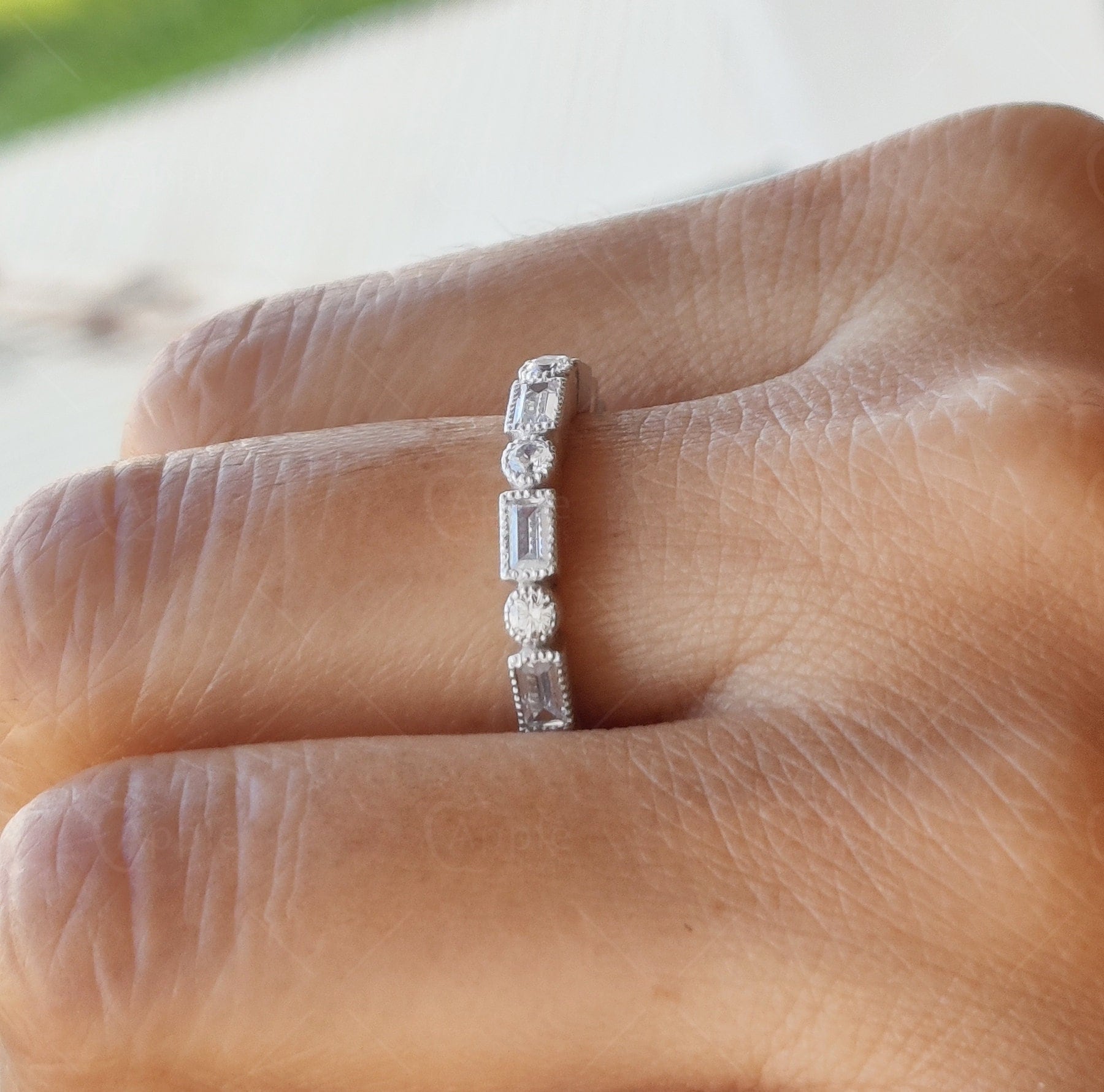 Bezel Set Moissanite Stacking Ring, Baguette And Round Wedding Band…