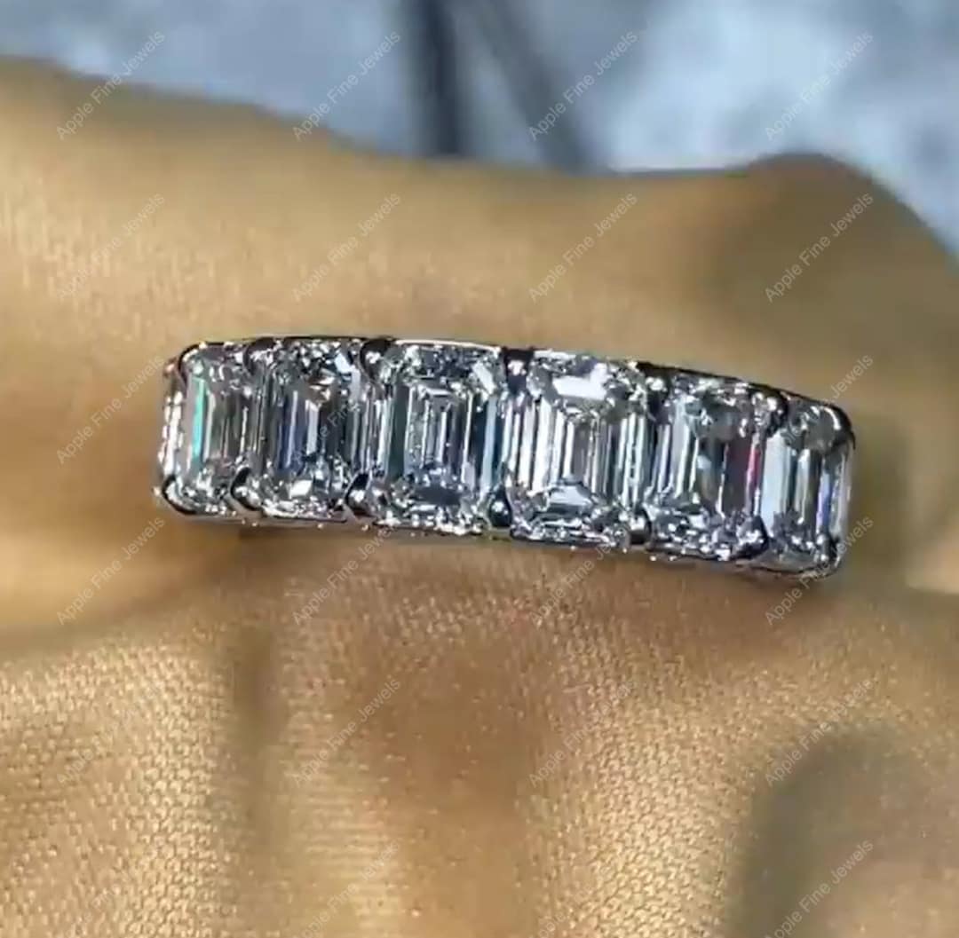Emerald Cut Full Eternity Moissanite Band, Emerald Cut Wedding Band Women, 3 Sided Diamond Band