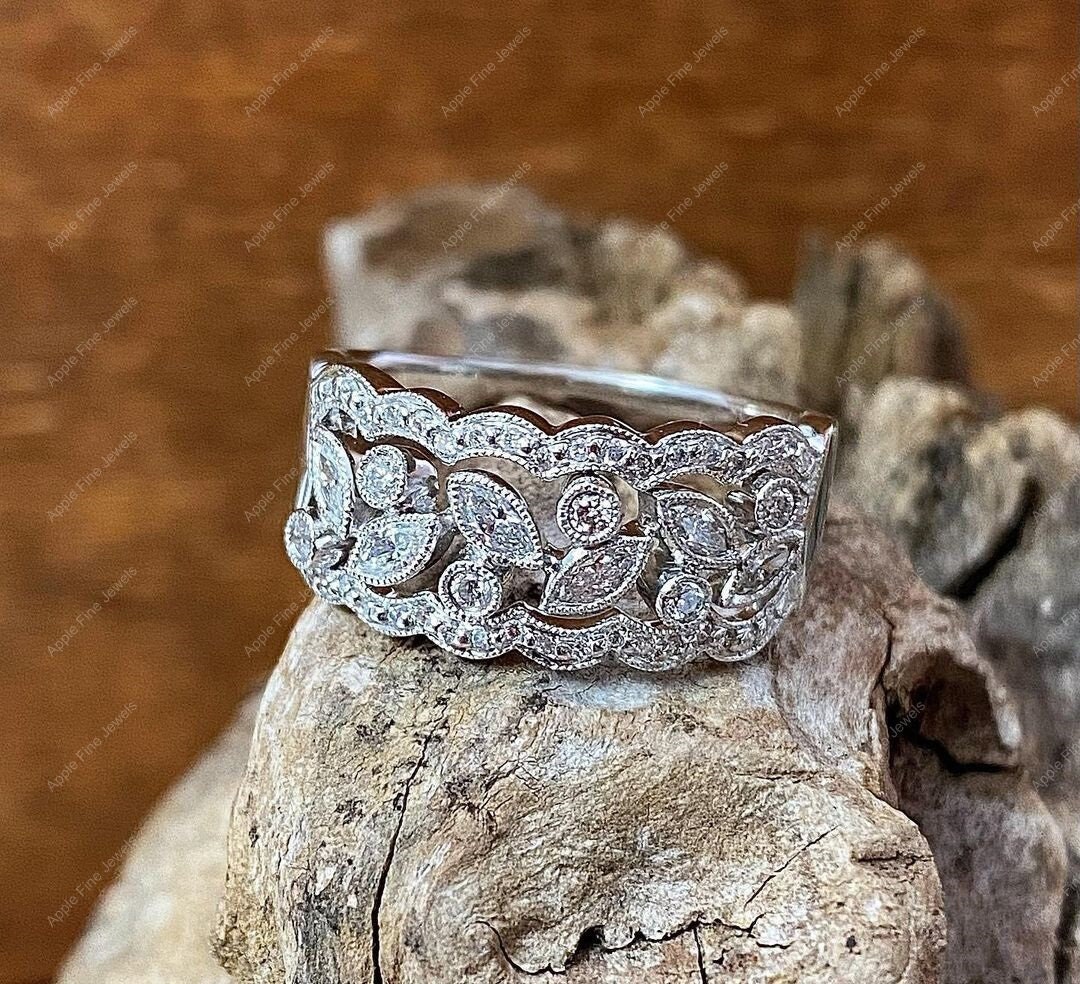 Vintage Filigree Wide Wedding Band, Art Deco Anniversary Bands Women ...