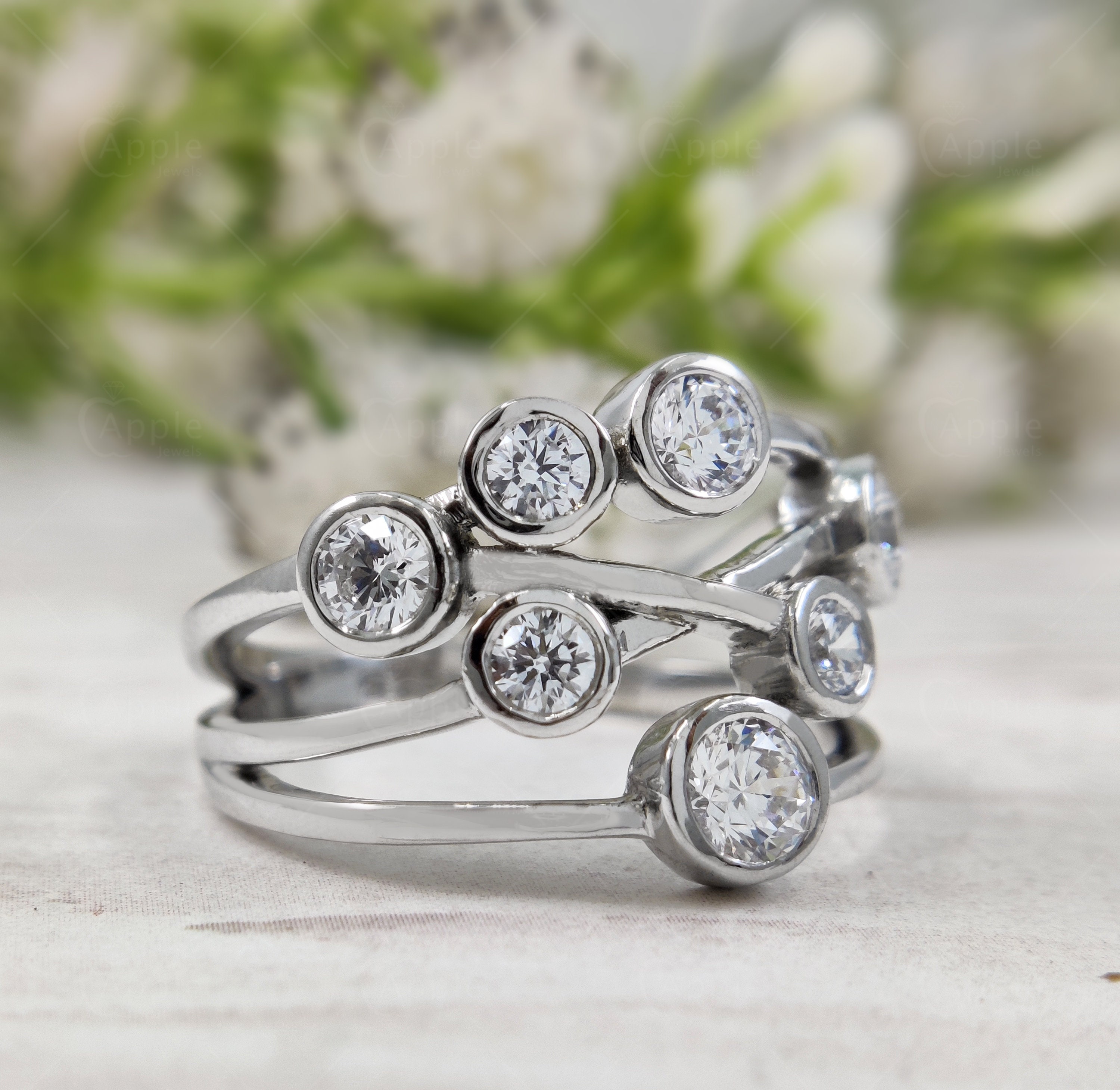 Crossover Bezel Set Ring, Moissanite Scatter Ring, Multi Stone Bubble ...