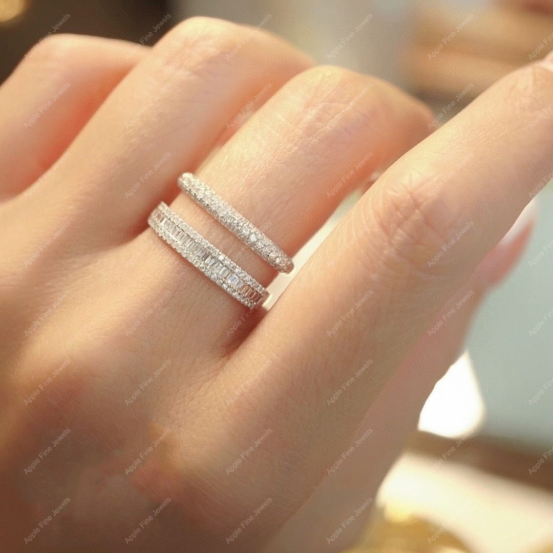 Double Wedding Band, Moissanite Enhancer Wedding Bands Women, Ring