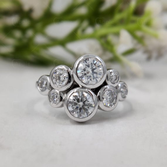 Multi Stone Bezel Set Moissanite Ring, Scattered Bubble Ring, Gold