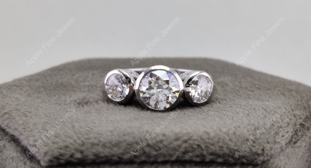 Customizable Three Stone Bezel Set Bridal Ring - Sterling Silver, Choose Your Gemstone & Size (US 4-12) - Wedding Set For Her