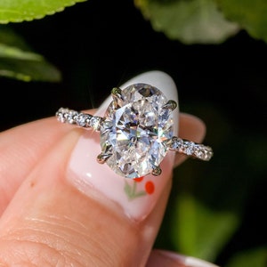 Hidden Halo Oval Engagement Ring Women, Moissanite Promise Ring For Her, Unique Wedding Ring, Special Propose Ring, Silver Girlfriend Gift