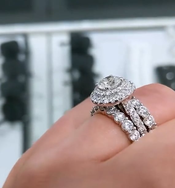 Moissanite Wedding Ring Set for Women, Double Halo Engagement Ring