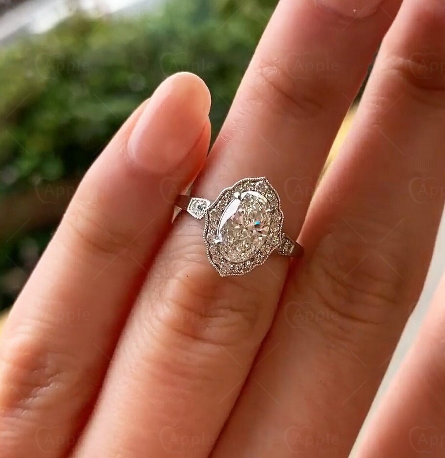 Art Deco Oval Verlobungsring, Vintage inspirierter Ring, Vintage Halo Ehering, antiker Stil Milgrain Ring, Floral Silber Ringe für Frauen