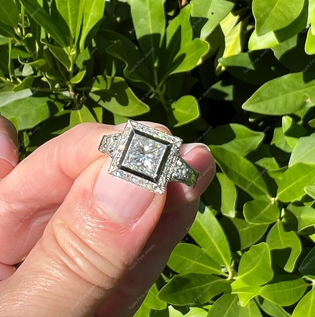 Bezel Set Princess Cut Halo Engagement Ring, Art Deco Moissanite