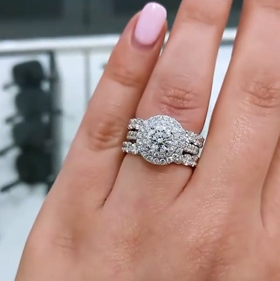 Moissanite Wedding Ring Set for Women, Double Halo Engagement Ring