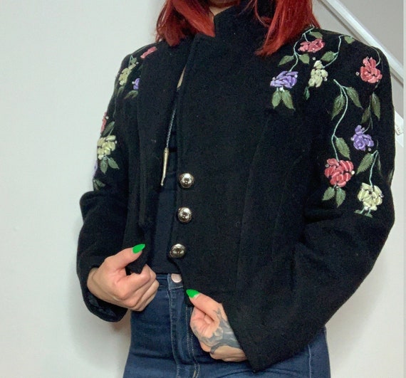 Vintage Black Embroidered Floral Wool Blazer, Pink