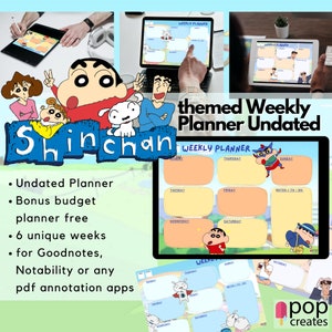 クレヨンしんちゃんをテーマにした週間プランナーデジタルテンプレート、日付なし6週間。Goodnotes、iPad、Notabilityと互換性があり、懐かしい楽しさ。