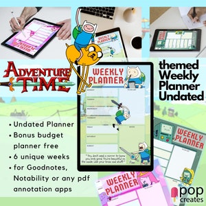 Puede incluir: Una colección de planificadores semanales digitales con el tema "Adventure Time". Los planificadores presentan personajes de dibujos animados y el texto "Weekly Planner" y "Adventure Time". La imagen también incluye el texto "Undated Planner" y "pop creates".
