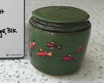 Handmade Emerald Green Ceramic Jar with Fish