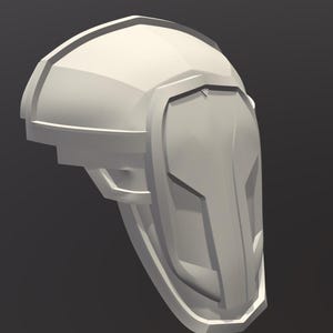 May include: A light gray, angular helmet design with a futuristic aesthetic. The helmet features a prominent visor area and geometric shapes, suggesting a sci-fi or cosplay theme. The overall design is clean and modern.