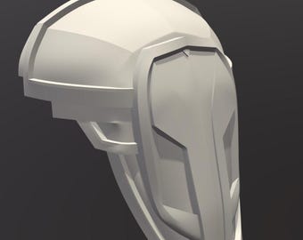Puede incluir: Un diseño de casco gris claro y angular con una estética futurista. El casco presenta una zona de visera prominente y formas geométricas, lo que sugiere un tema de ciencia ficción o cosplay. El diseño general es limpio y moderno.