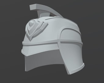 Puede incluir: Un modelo 3D blanco de un casco con una cresta puntiaguda y un diseño decorativo en la parte delantera.