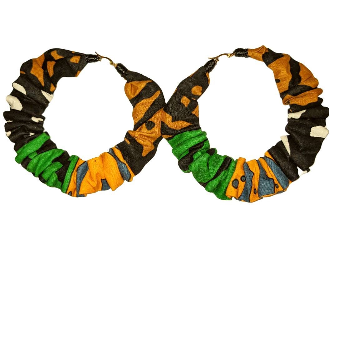 African Mudcloth Print Fabric Scrunchie Hoop Earrings Etsy