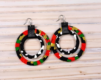 African Print Double Hoop Earrings | Kente Inspired Fabric Earrings | Large Afrocentric Statement Earrings