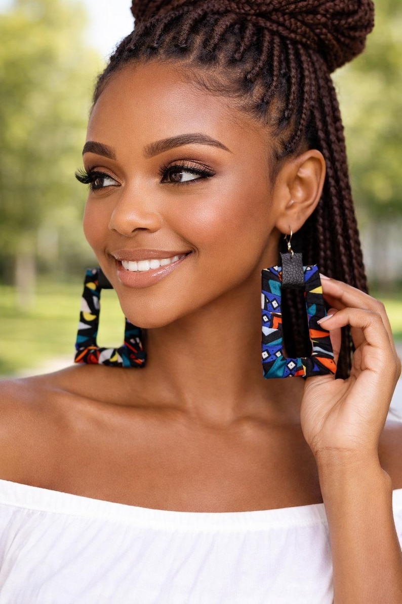 Colorful African Print Fabric Covered Earrings, Doorknocker Dangle ...