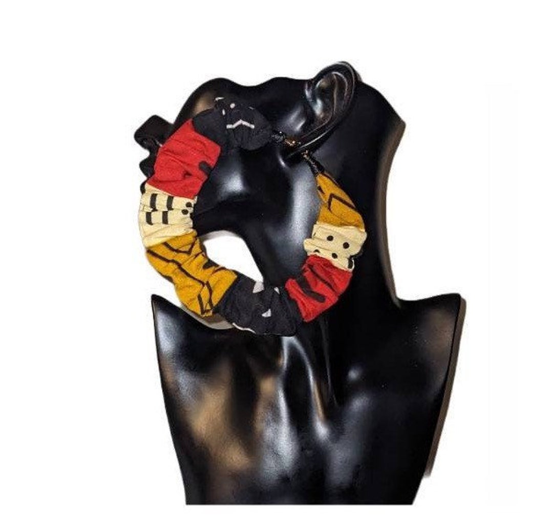 African Mudcloth Print Fabric Scrunchie Hoop Earrings Etsy
