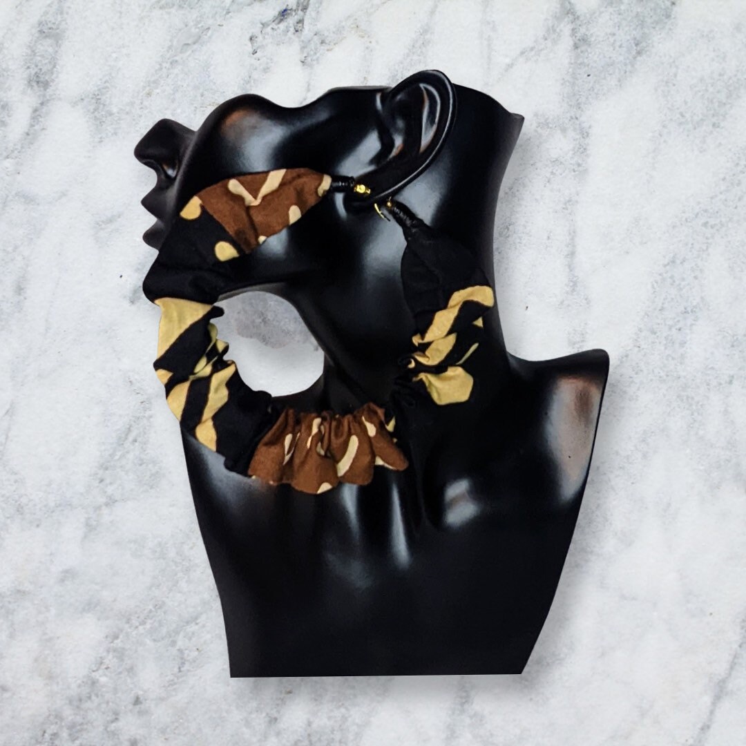 African Mudcloth Print Fabric Scrunchie Hoop Earrings Etsy