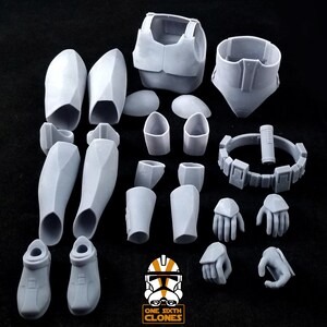 May include: A set of 1/6 scale plastic model parts for a Star Wars clone trooper. The parts include the torso, legs, arms, hands, and helmet. The parts are unpainted and require assembly.