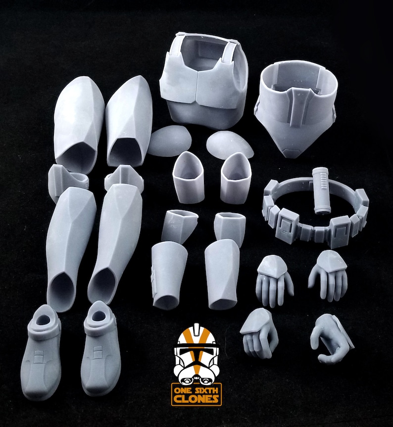 May include: A set of 1/6 scale plastic model parts for a Star Wars clone trooper. The parts include the torso, legs, arms, hands, and helmet. The parts are unpainted and require assembly.