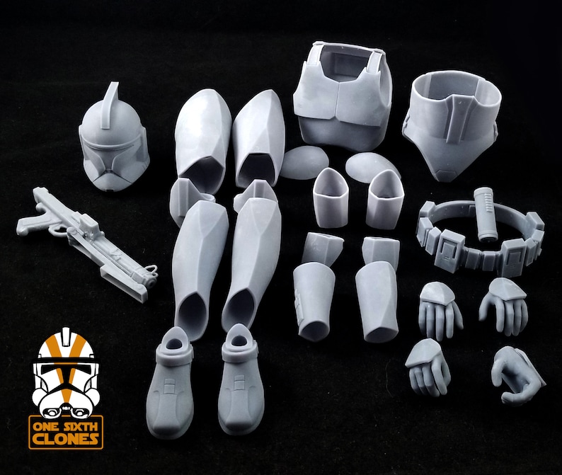 May include: A set of gray plastic parts for a 1/6 scale action figure. The parts include a helmet, torso, arms, legs, hands, and a blaster. The parts are unpainted and ready to be assembled.