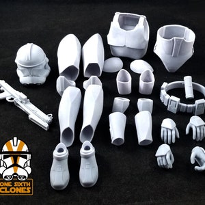 May include: A set of white plastic parts for a 1/6 scale action figure. The set includes a helmet, torso, arms, legs, hands, and a blaster. The parts are unpainted and ready to be assembled.
