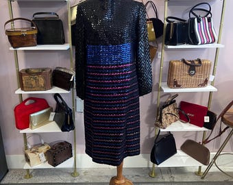 Vintage 1970s Johnnye Black Sequin Cocktail Dress Size 12